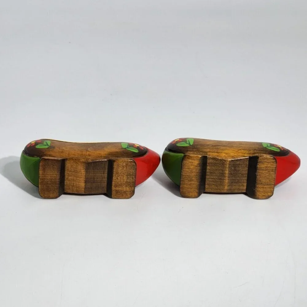 Miniature Hand Painted Vintage Wooden Clogs With Floral Design Red Tips Pair
